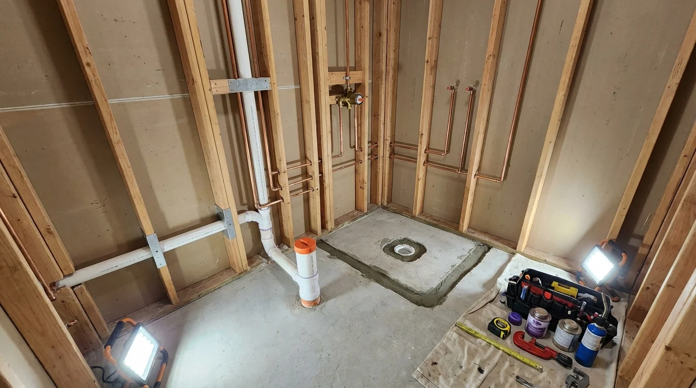 Bathroom rough-in plumbing during remodel by Johns Plumbing LLC in Wellman