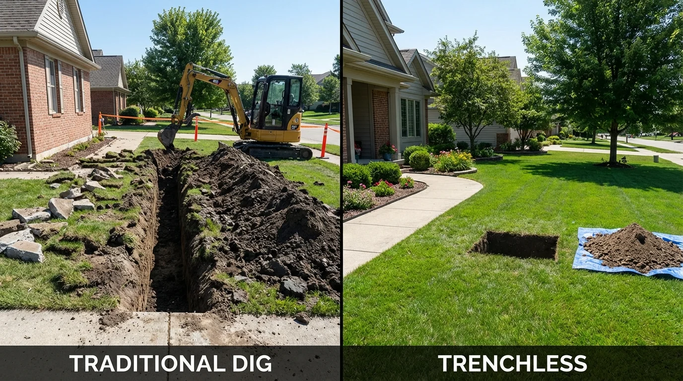 Trenchless sewer repair with minimal yard damage versus traditional excavation in Wellman, IA